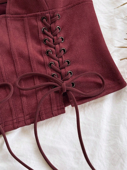 Soleia Women's V-Neck Tie-Up Suede Deconstructed Vest,Burgundy,Summer,Country Western,Concert Bohemian Music Festival Nightclub No Chest Padding Top