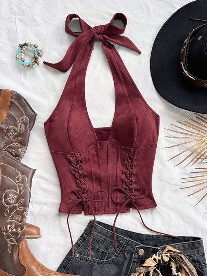 Soleia Women's V-Neck Tie-Up Suede Deconstructed Vest,Burgundy,Summer,Country Western,Concert Bohemian Music Festival Nightclub No Chest Padding Top