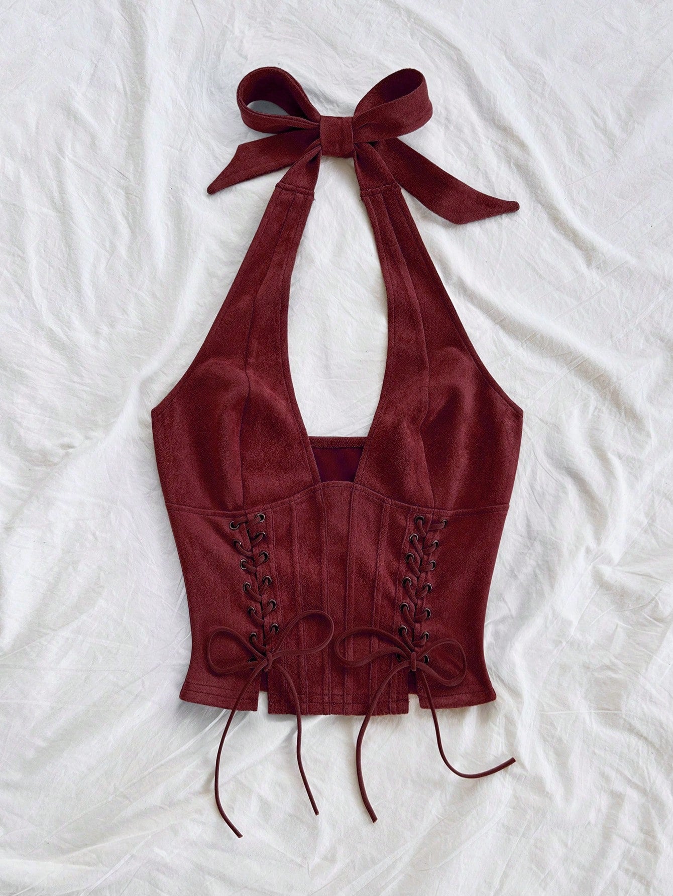Soleia Women's V-Neck Tie-Up Suede Deconstructed Vest,Burgundy,Summer,Country Western,Concert Bohemian Music Festival Nightclub No Chest Padding Top