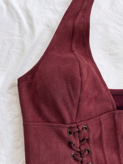Soleia Women's V-Neck Tie-Up Suede Deconstructed Vest,Burgundy,Summer,Country Western,Concert Bohemian Music Festival Nightclub No Chest Padding Top