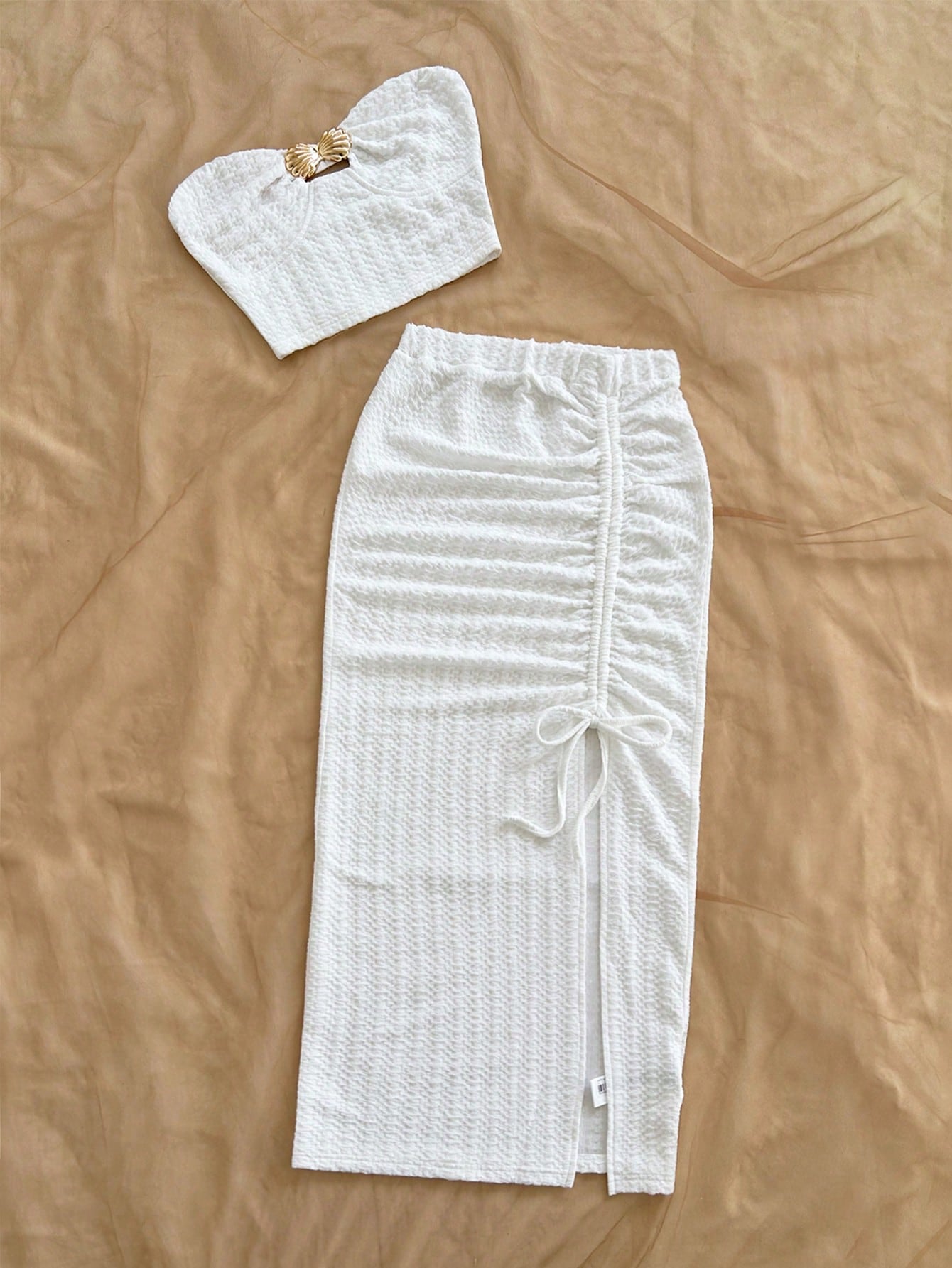Soleia Women's Vacation Metal Decor Bandeau Top And Drawstring Side Slit Hem Skirt Fashionable 2 Pieces Set Summer Outfits Women, Holiday,No Breast Pads