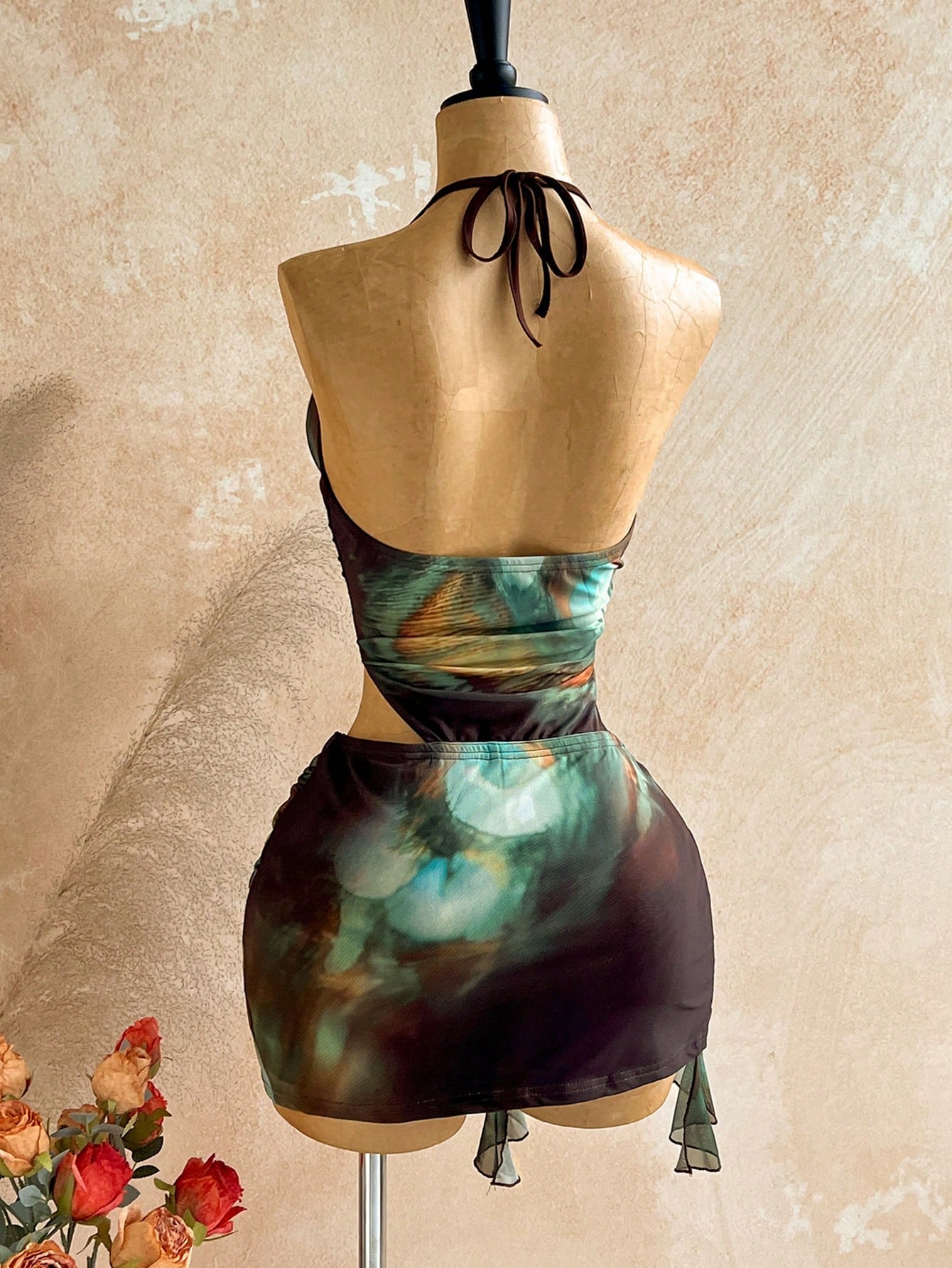 Soleia Women's Vintage Sexy Dark Brown Mini Dress Summer 70s Holiday Party Club Night Out Vacation Beach Cruise Boho Hippie Hollow Neck Ruffle Hem Slit