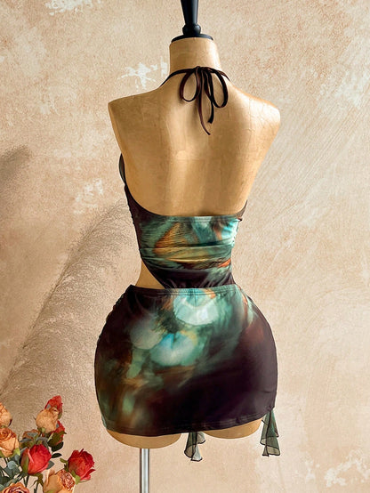 Soleia Women's Vintage Sexy Dark Brown Mini Dress Summer 70s Holiday Party Club Night Out Vacation Beach Cruise Boho Hippie Hollow Neck Ruffle Hem Slit