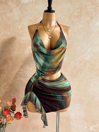 Soleia Women's Vintage Sexy Dark Brown Mini Dress Summer 70s Holiday Party Club Night Out Vacation Beach Cruise Boho Hippie Hollow Neck Ruffle Hem Slit