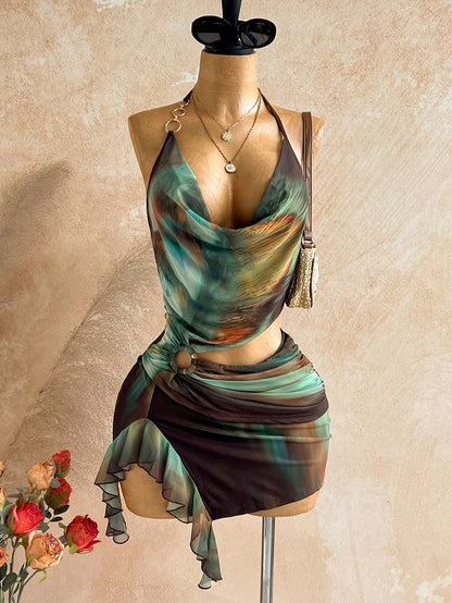 Soleia Women's Vintage Sexy Dark Brown Mini Dress Summer 70s Holiday Party Club Night Out Vacation Beach Cruise Boho Hippie Hollow Neck Ruffle Hem Slit