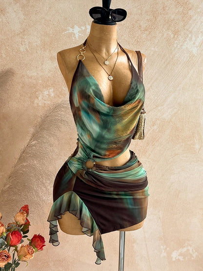Soleia Women's Vintage Sexy Dark Brown Mini Dress Summer 70s Holiday Party Club Night Out Vacation Beach Cruise Boho Hippie Hollow Neck Ruffle Hem Slit
