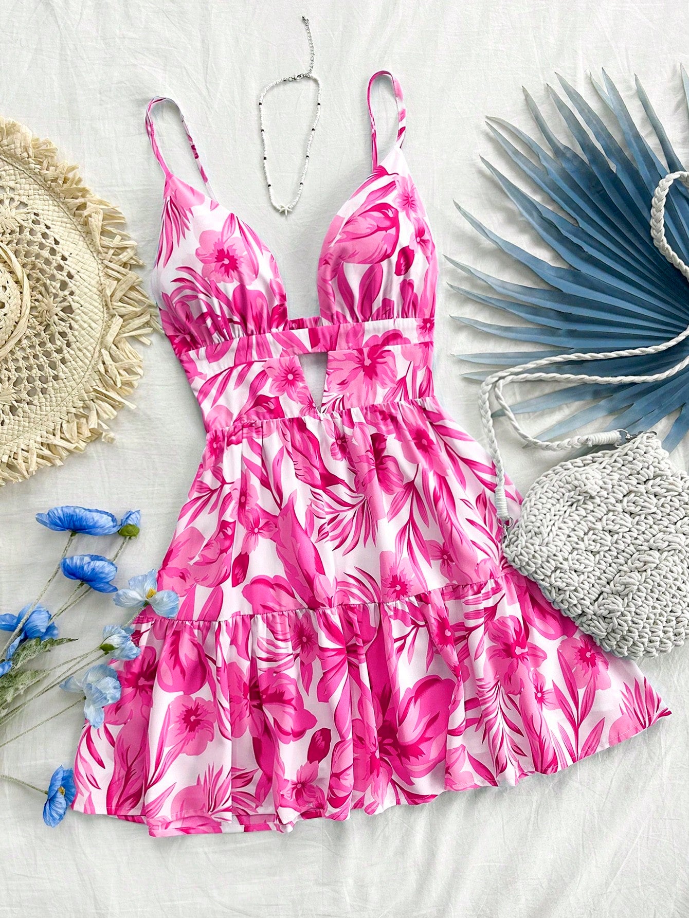 Soleia WYWH Women's Vacation Dress, Fuchsia Bow Decor A-Line Dress With Ruffle Hem, Tube Dress,Summer Dresses For Women No Chest Padding