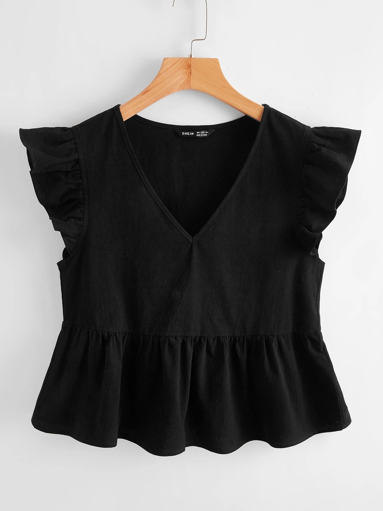 Soleia WYWH Women Vacation Peplum Butterfly Sleeve Ruffle Hem Black Top