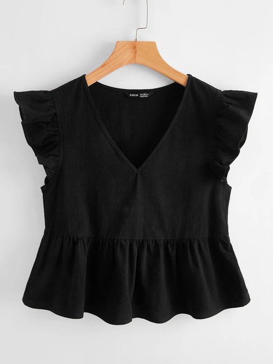Soleia WYWH Women Vacation Peplum Butterfly Sleeve Ruffle Hem Black Top