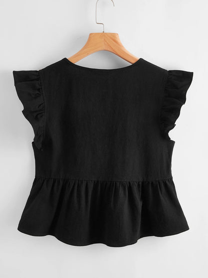 Soleia WYWH Women Vacation Peplum Butterfly Sleeve Ruffle Hem Black Top