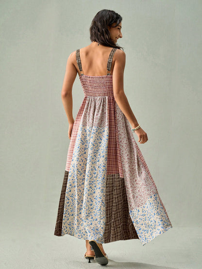 SoleilVie Women's Bohemian Boho Print Spaghetti Strap Dress Vacation Dusty Blue Summer