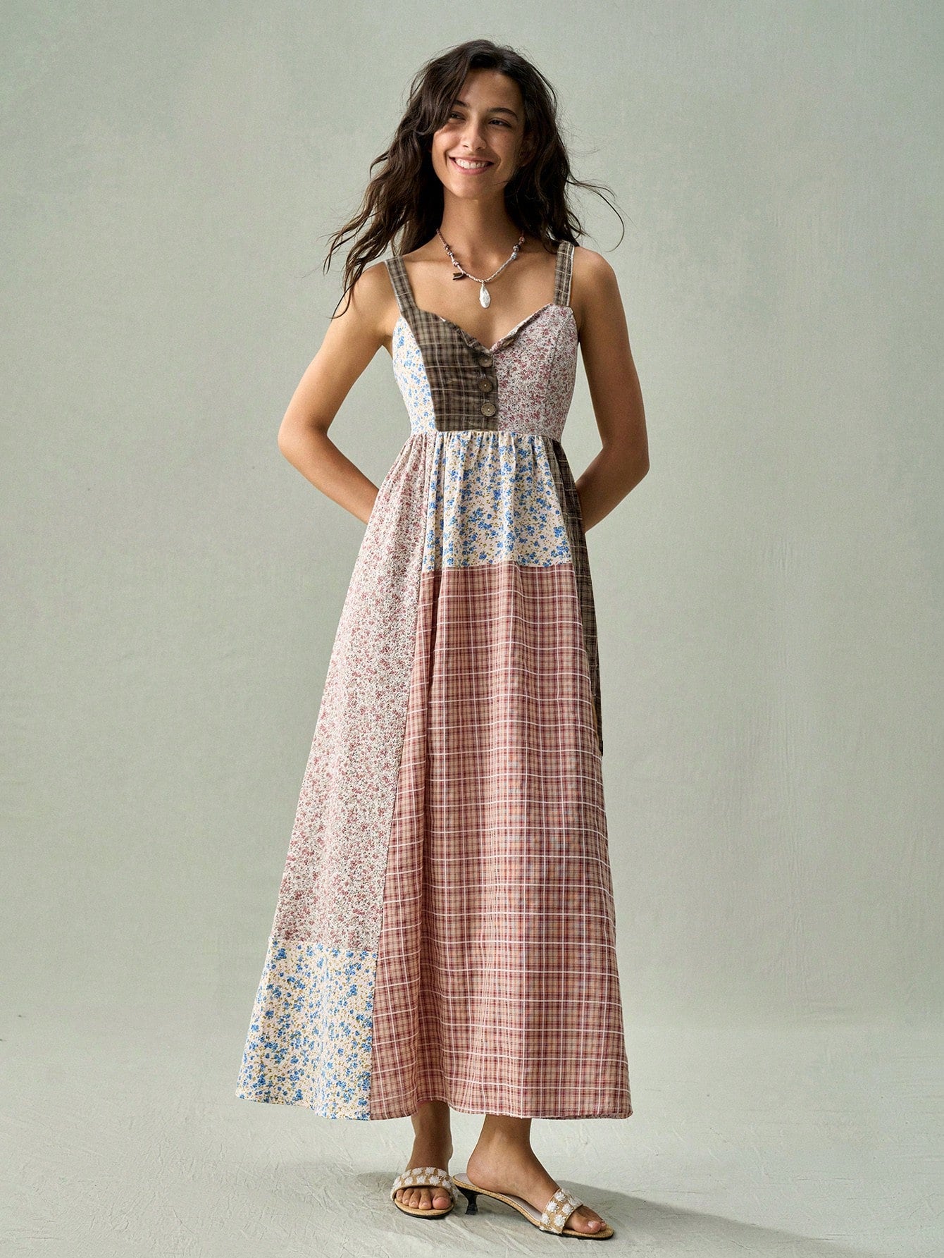 SoleilVie Women's Bohemian Boho Print Spaghetti Strap Dress Vacation Dusty Blue Summer