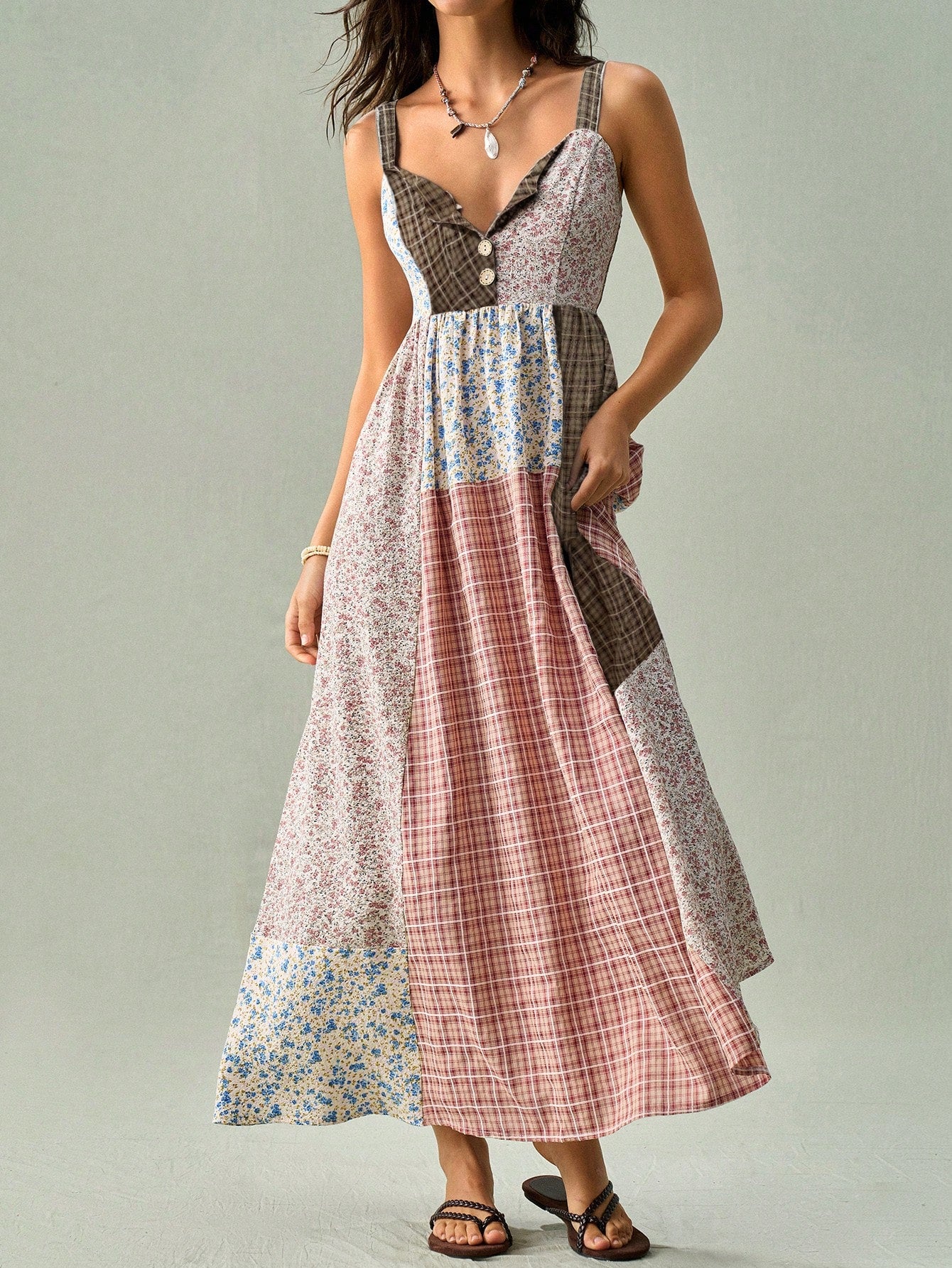 SoleilVie Women's Bohemian Boho Print Spaghetti Strap Dress Vacation Dusty Blue Summer
