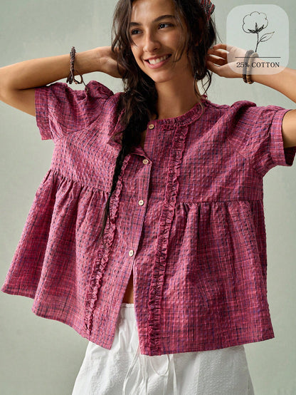 SoleilVie Women's Round Neck Ruched Frill Trim Puff Sleeve Retro Plaid Casual Shirt