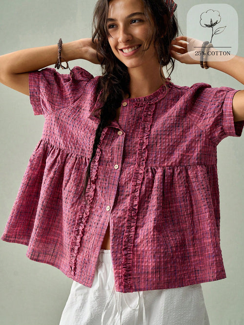 SoleilVie Women's Round Neck Ruched Frill Trim Puff Sleeve Retro Plaid Casual Shirt