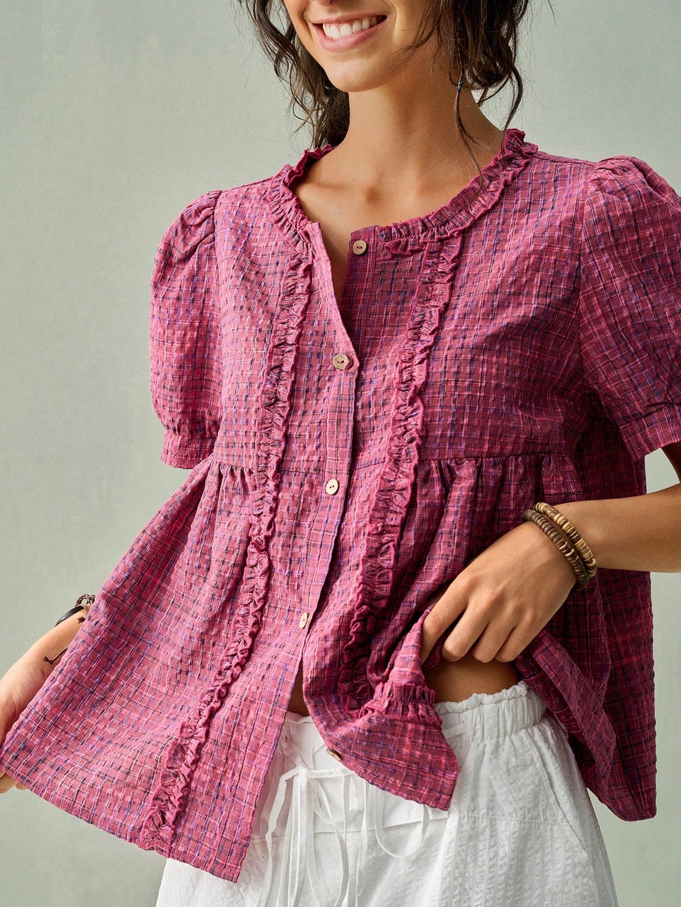 SoleilVie Women's Round Neck Ruched Frill Trim Puff Sleeve Retro Plaid Casual Shirt