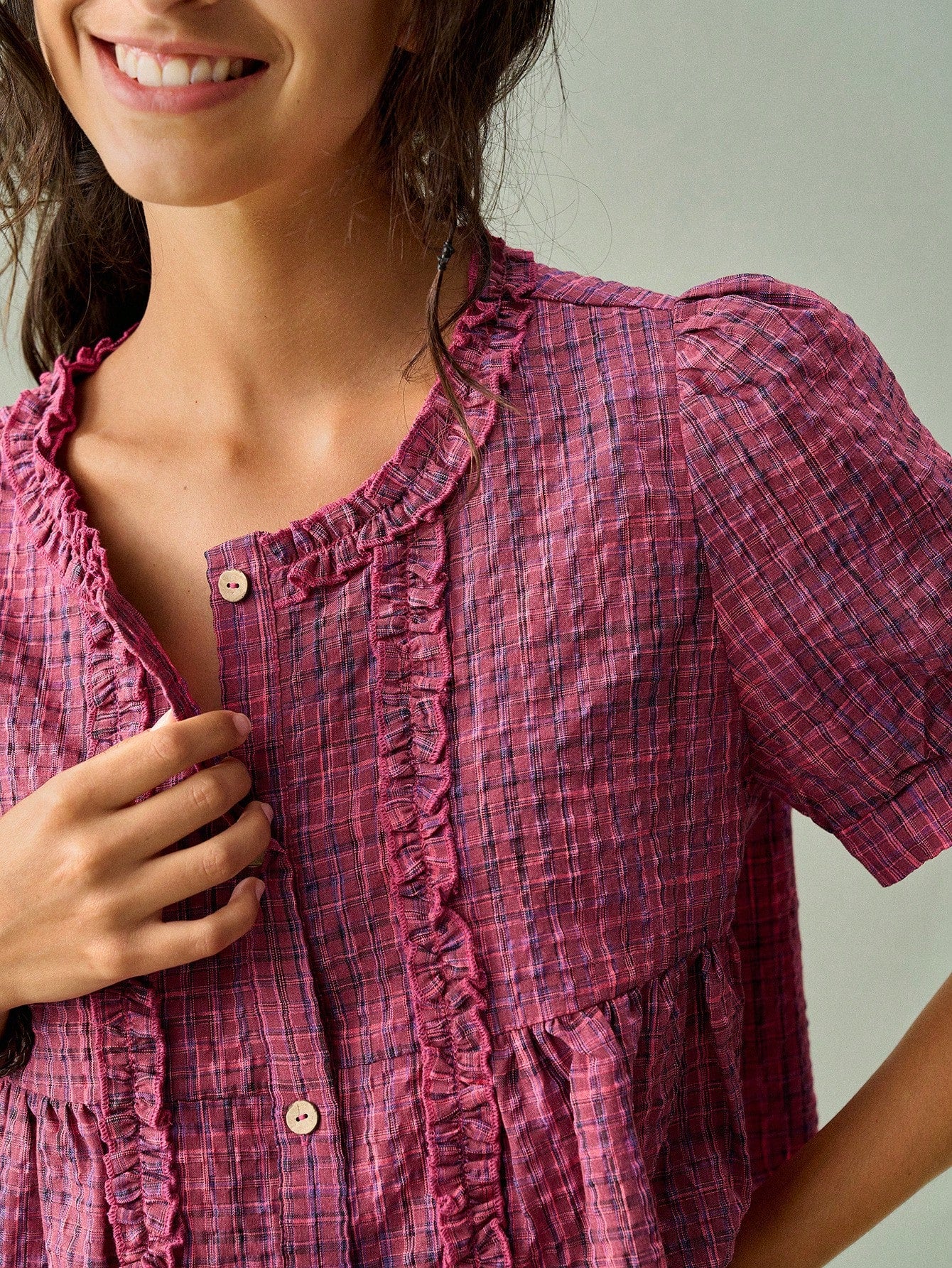 SoleilVie Women's Round Neck Ruched Frill Trim Puff Sleeve Retro Plaid Casual Shirt
