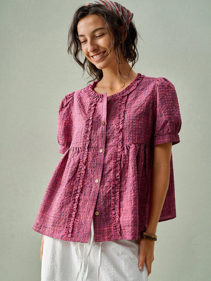 SoleilVie Women's Round Neck Ruched Frill Trim Puff Sleeve Retro Plaid Casual Shirt