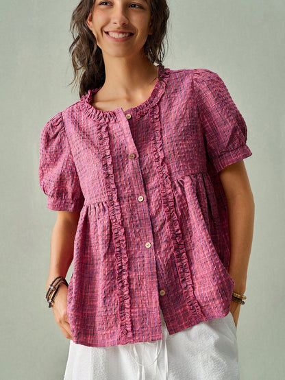 SoleilVie Women's Round Neck Ruched Frill Trim Puff Sleeve Retro Plaid Casual Shirt