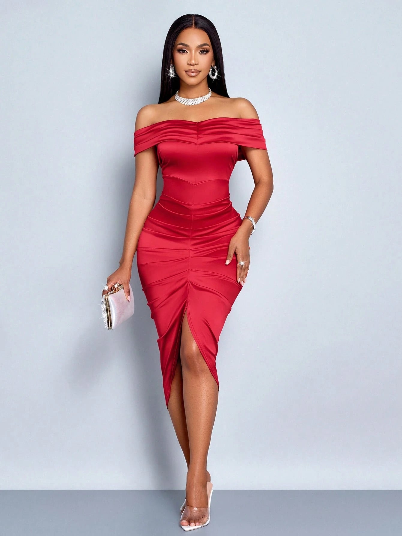 SOLERSUN Off Shoulder Ruched Side Satin Asymmetrical Hem Dress Party Dress Maxi Women Outfit