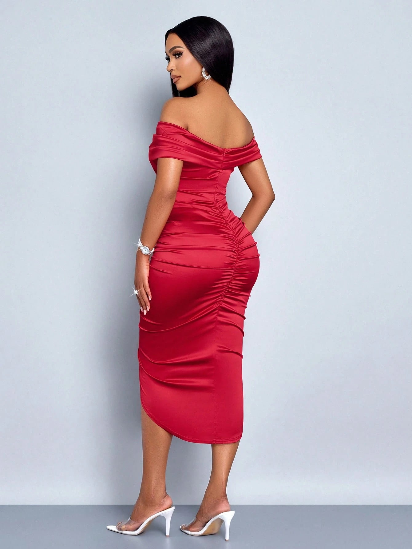 SOLERSUN Off Shoulder Ruched Side Satin Asymmetrical Hem Dress Party Dress Maxi Women Outfit