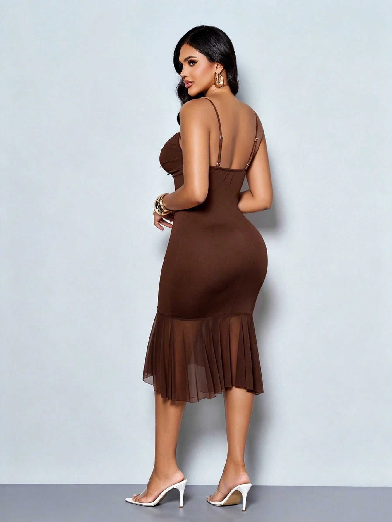 SOLERSUN Women's Chocolate Brown Party Going-Out Spaghetti Strap Ruched Mesh Ruffle Hem Bodycon Midi Dress