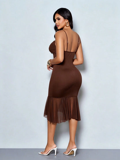 SOLERSUN Women's Chocolate Brown Party Going-Out Spaghetti Strap Ruched Mesh Ruffle Hem Bodycon Midi Dress