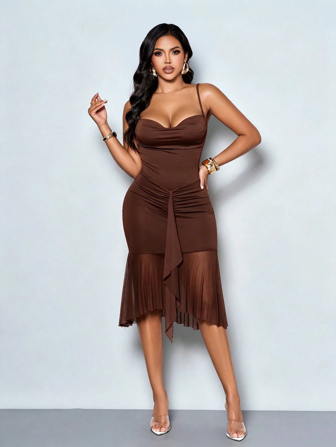 SOLERSUN Women's Chocolate Brown Party Going-Out Spaghetti Strap Ruched Mesh Ruffle Hem Bodycon Midi Dress