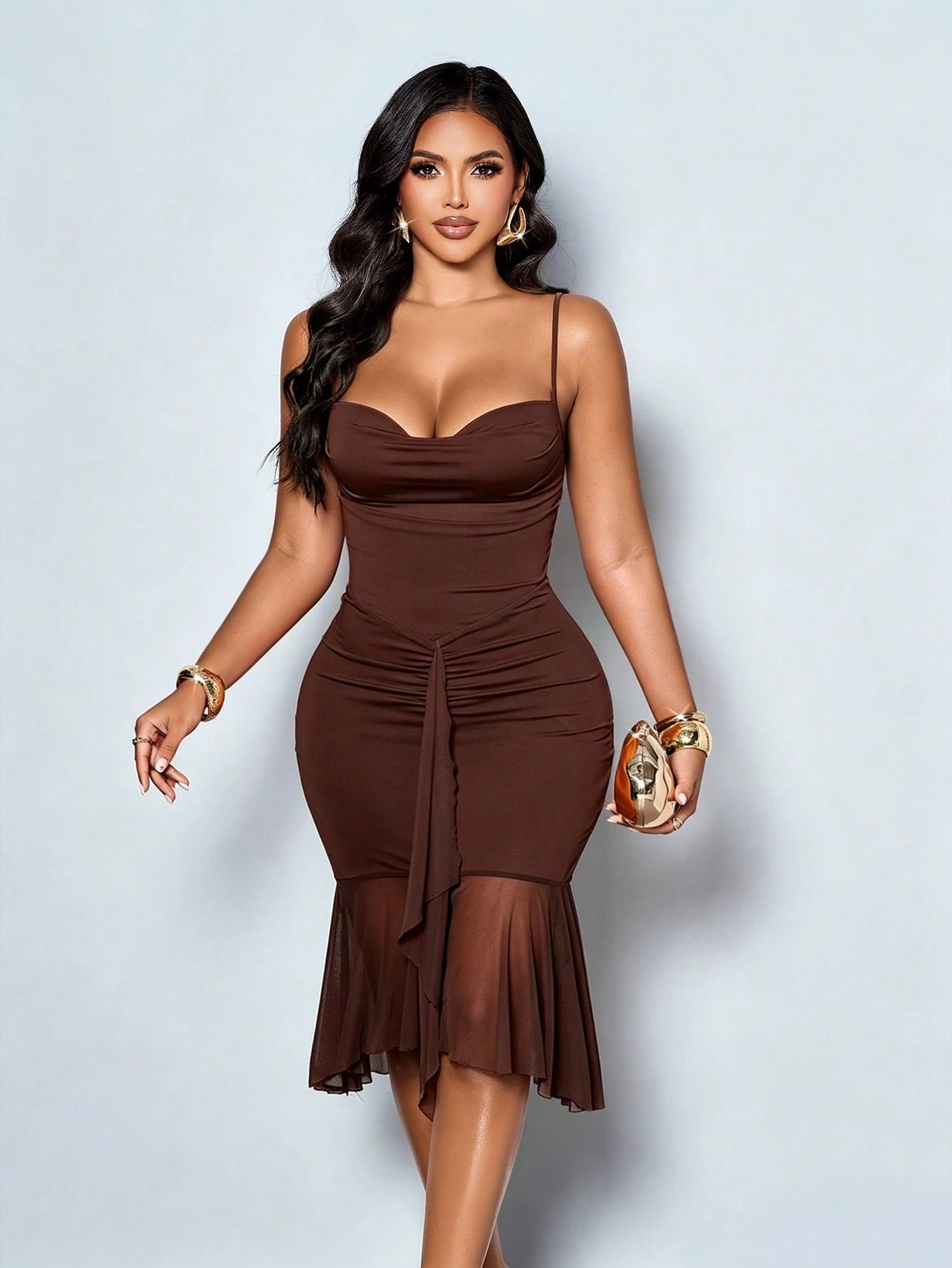 SOLERSUN Women's Chocolate Brown Party Going-Out Spaghetti Strap Ruched Mesh Ruffle Hem Bodycon Midi Dress