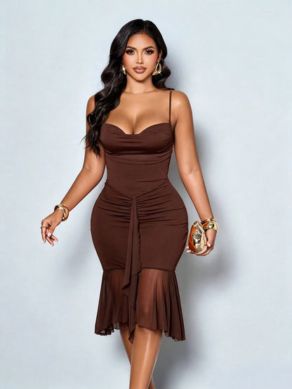 SOLERSUN Women's Chocolate Brown Party Going-Out Spaghetti Strap Ruched Mesh Ruffle Hem Bodycon Midi Dress