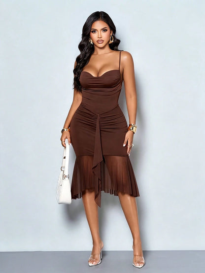 SOLERSUN Women's Chocolate Brown Party Going-Out Spaghetti Strap Ruched Mesh Ruffle Hem Bodycon Midi Dress