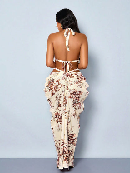SOLERSUN Women's Elegant Floral Backless Ruched Bodycon Maxi Dress, Halter Neck Backless Cutout Boho Y2K Cocktail Party Gown For Vacation Beach