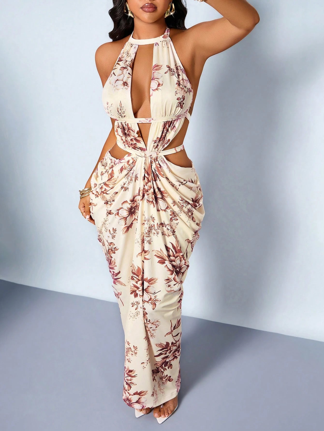 SOLERSUN Women's Elegant Floral Backless Ruched Bodycon Maxi Dress, Halter Neck Backless Cutout Boho Y2K Cocktail Party Gown For Vacation Beach