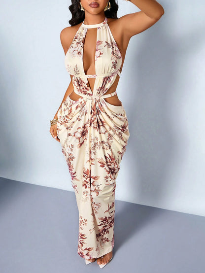 SOLERSUN Women's Elegant Floral Backless Ruched Bodycon Maxi Dress, Halter Neck Backless Cutout Boho Y2K Cocktail Party Gown For Vacation Beach