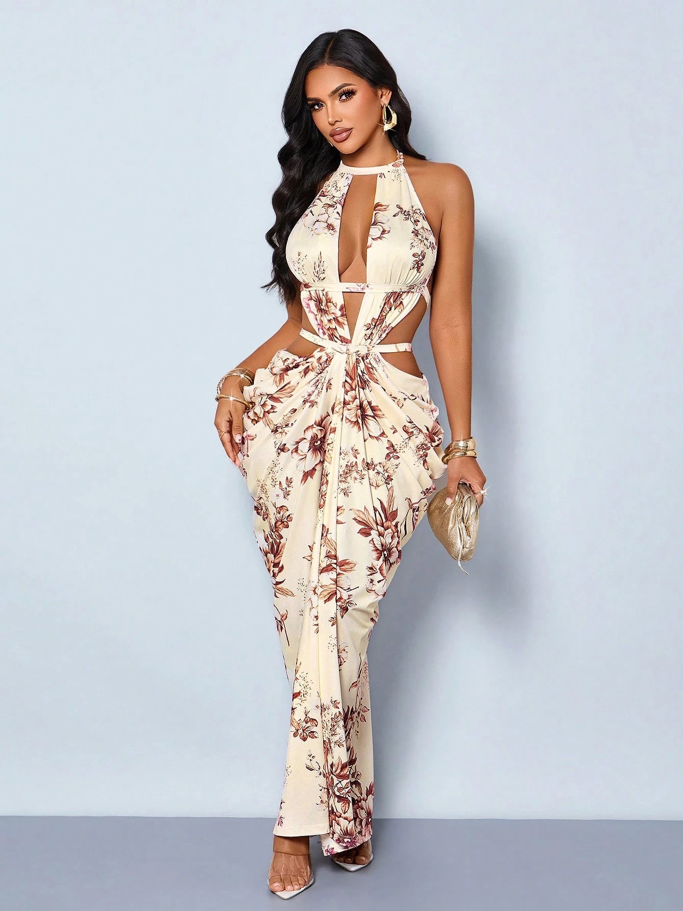 SOLERSUN Women's Elegant Floral Backless Ruched Bodycon Maxi Dress, Halter Neck Backless Cutout Boho Y2K Cocktail Party Gown For Vacation Beach