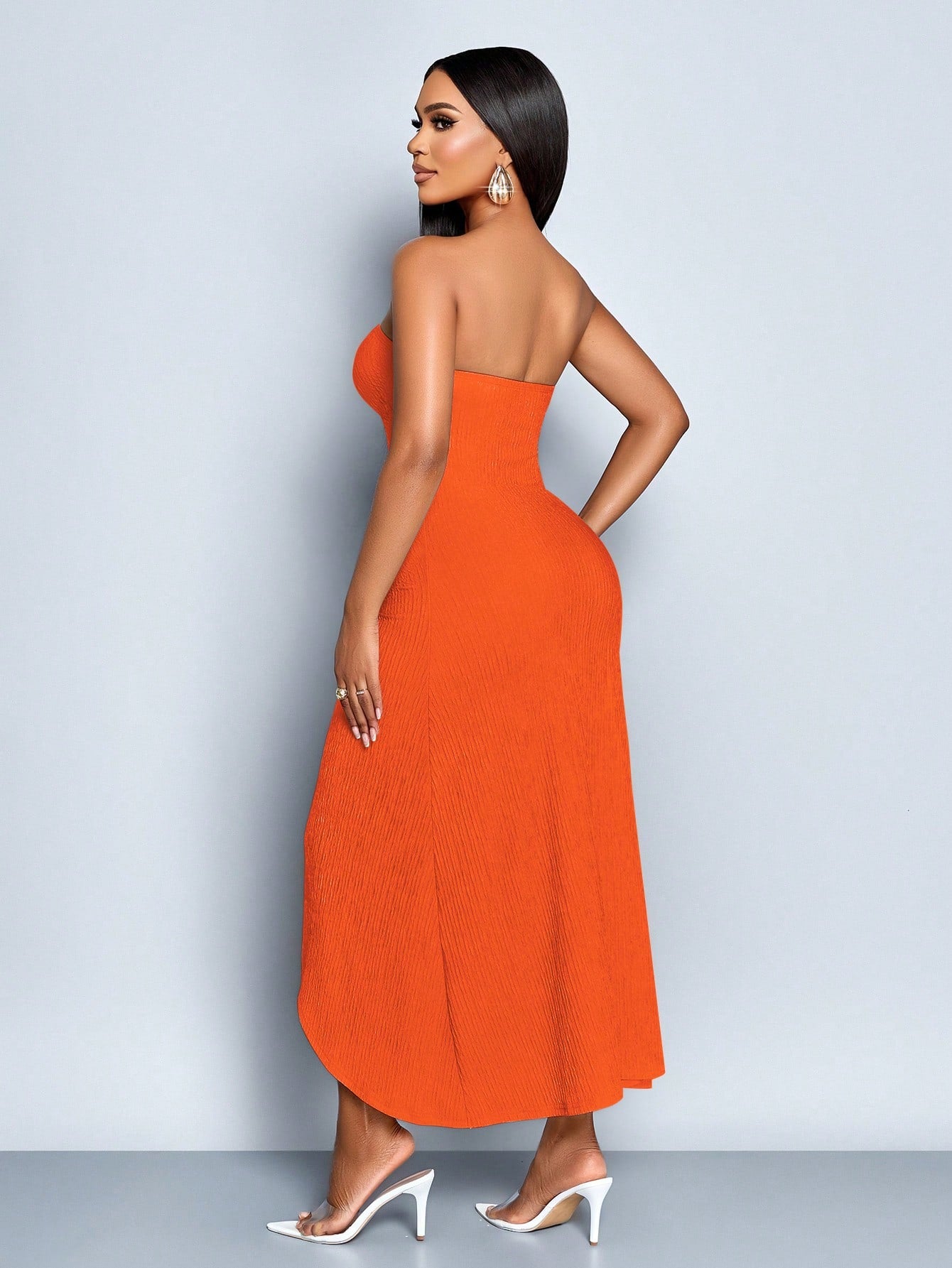 SOLERSUN Women's Elegant Orange Red Summer Date Night Sleeveless Tube Top Hollow Metal Button Decoration Front Smoked Slit Ribbon Textured Knitted Long Dress