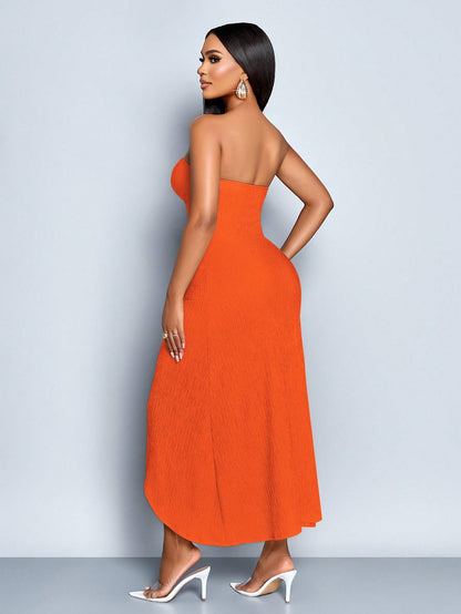 SOLERSUN Women's Elegant Orange Red Summer Date Night Sleeveless Tube Top Hollow Metal Button Decoration Front Smoked Slit Ribbon Textured Knitted Long Dress