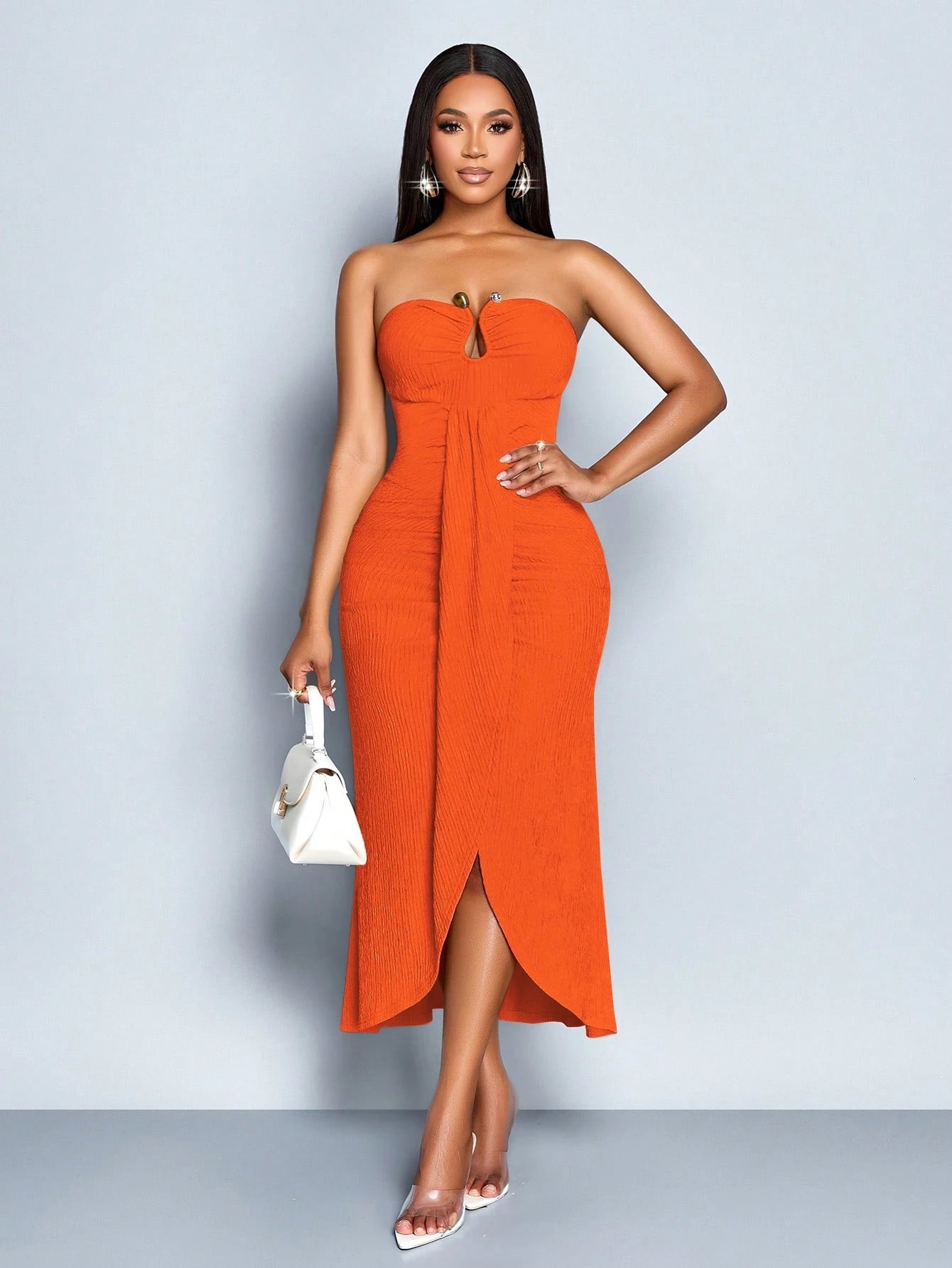SOLERSUN Women's Elegant Orange Red Summer Date Night Sleeveless Tube Top Hollow Metal Button Decoration Front Smoked Slit Ribbon Textured Knitted Long Dress
