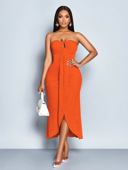 SOLERSUN Women's Elegant Orange Red Summer Date Night Sleeveless Tube Top Hollow Metal Button Decoration Front Smoked Slit Ribbon Textured Knitted Long Dress