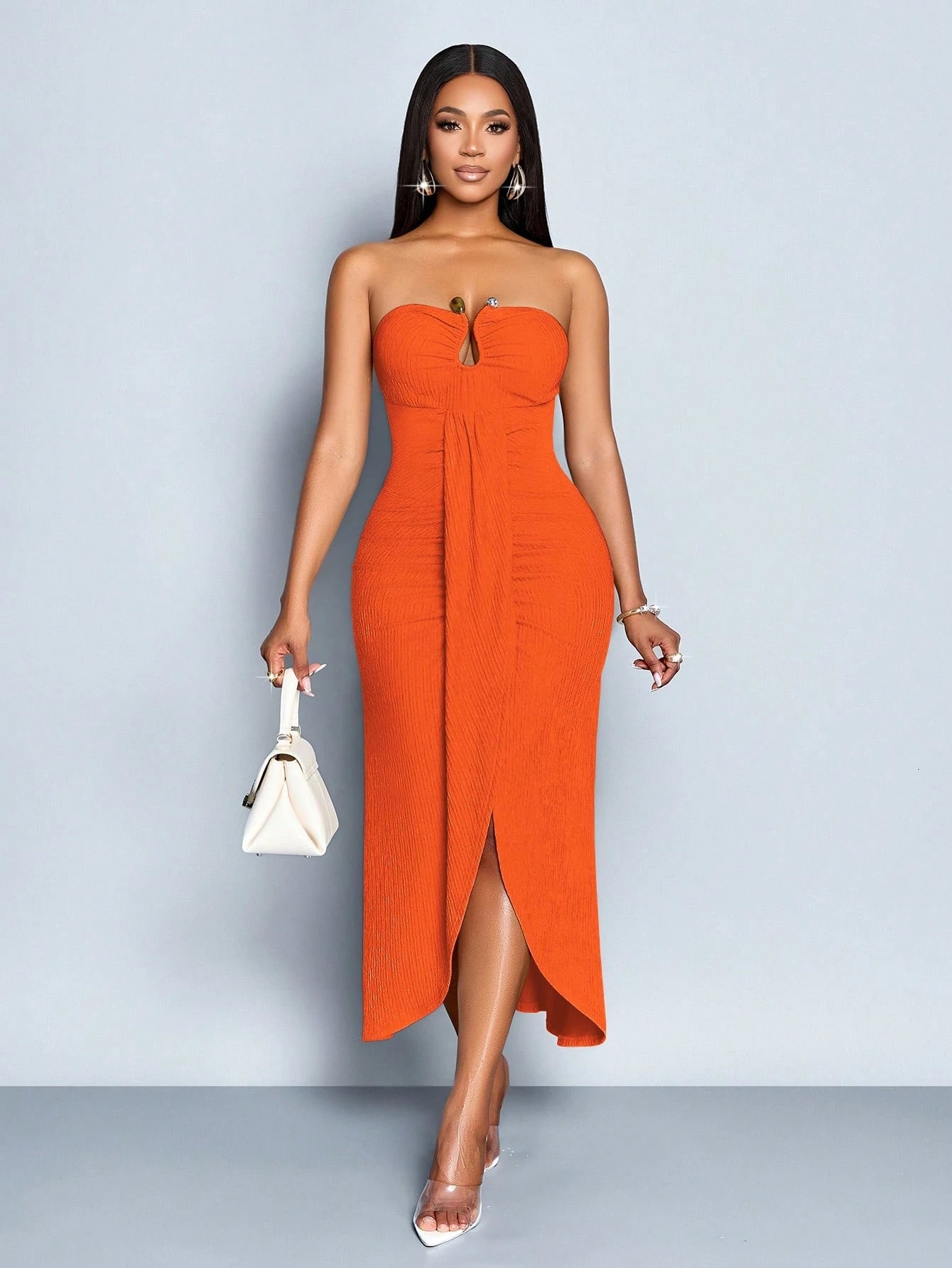 SOLERSUN Women's Elegant Orange Red Summer Date Night Sleeveless Tube Top Hollow Metal Button Decoration Front Smoked Slit Ribbon Textured Knitted Long Dress