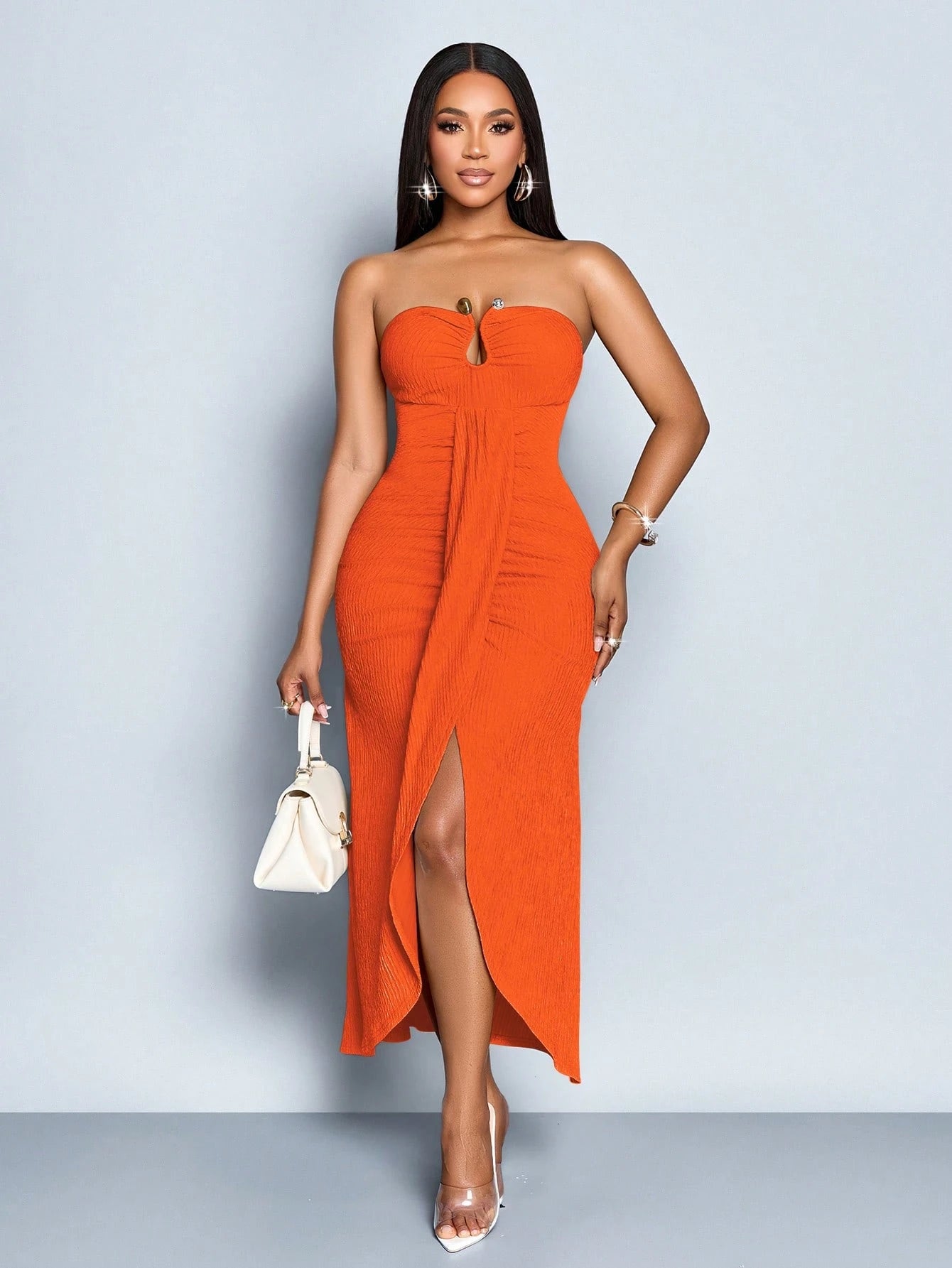 SOLERSUN Women's Elegant Orange Red Summer Date Night Sleeveless Tube Top Hollow Metal Button Decoration Front Smoked Slit Ribbon Textured Knitted Long Dress