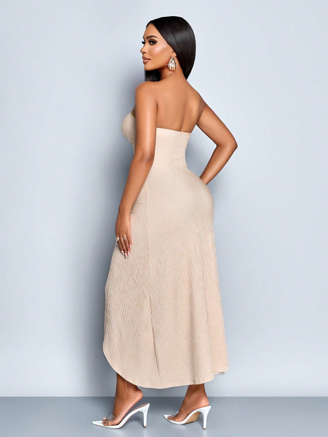 SOLERSUN Women's Elegant Orange Red Summer Date Night Sleeveless Tube Top Hollow Metal Button Decoration Front Smoked Slit Ribbon Textured Knitted Long Dress