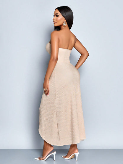 SOLERSUN Women's Elegant Orange Red Summer Date Night Sleeveless Tube Top Hollow Metal Button Decoration Front Smoked Slit Ribbon Textured Knitted Long Dress