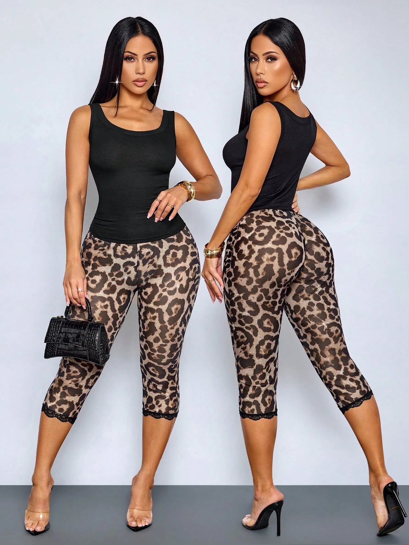 SOLERSUN Women's Fashionable Sexy Leopard Print Lace Decorative Capri Mesh Leggings (Random Floral)
