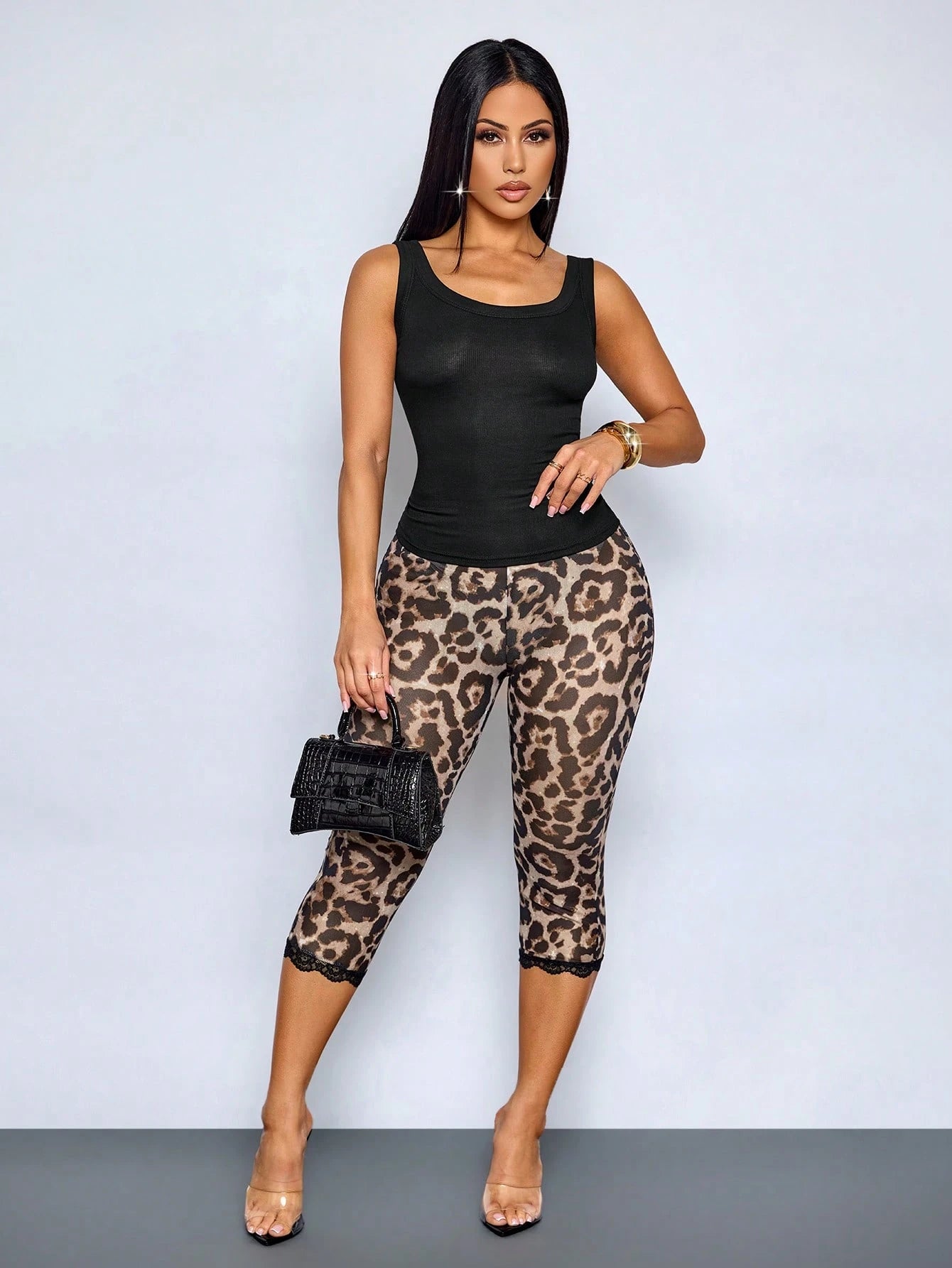 SOLERSUN Women's Fashionable Sexy Leopard Print Lace Decorative Capri Mesh Leggings (Random Floral)
