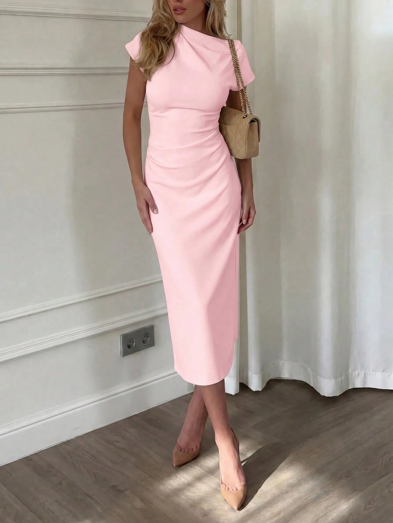 Solid Color Casual Knit Fabric Slit Hem Daily Birthday Party Date Minimalist Elegant Asymmetric Neck Dress Pink Summer