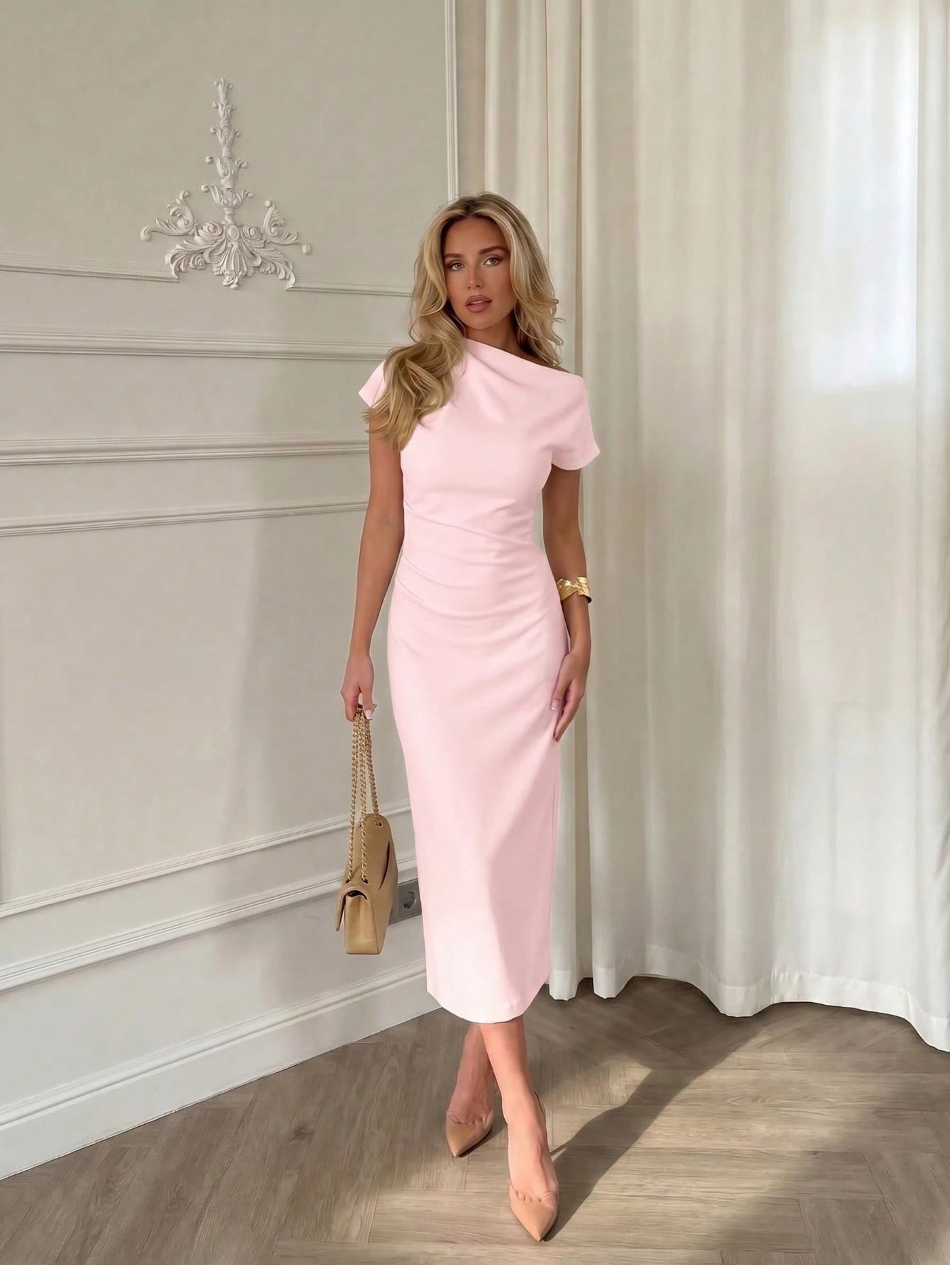 Solid Color Casual Knit Fabric Slit Hem Daily Birthday Party Date Minimalist Elegant Asymmetric Neck Dress Pink Summer