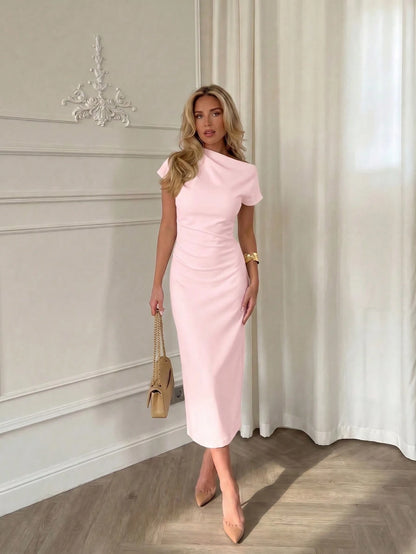 Solid Color Casual Knit Fabric Slit Hem Daily Birthday Party Date Minimalist Elegant Asymmetric Neck Dress Pink Summer