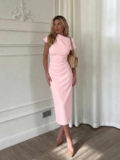 Solid Color Casual Knit Fabric Slit Hem Daily Birthday Party Date Minimalist Elegant Asymmetric Neck Dress Pink Summer