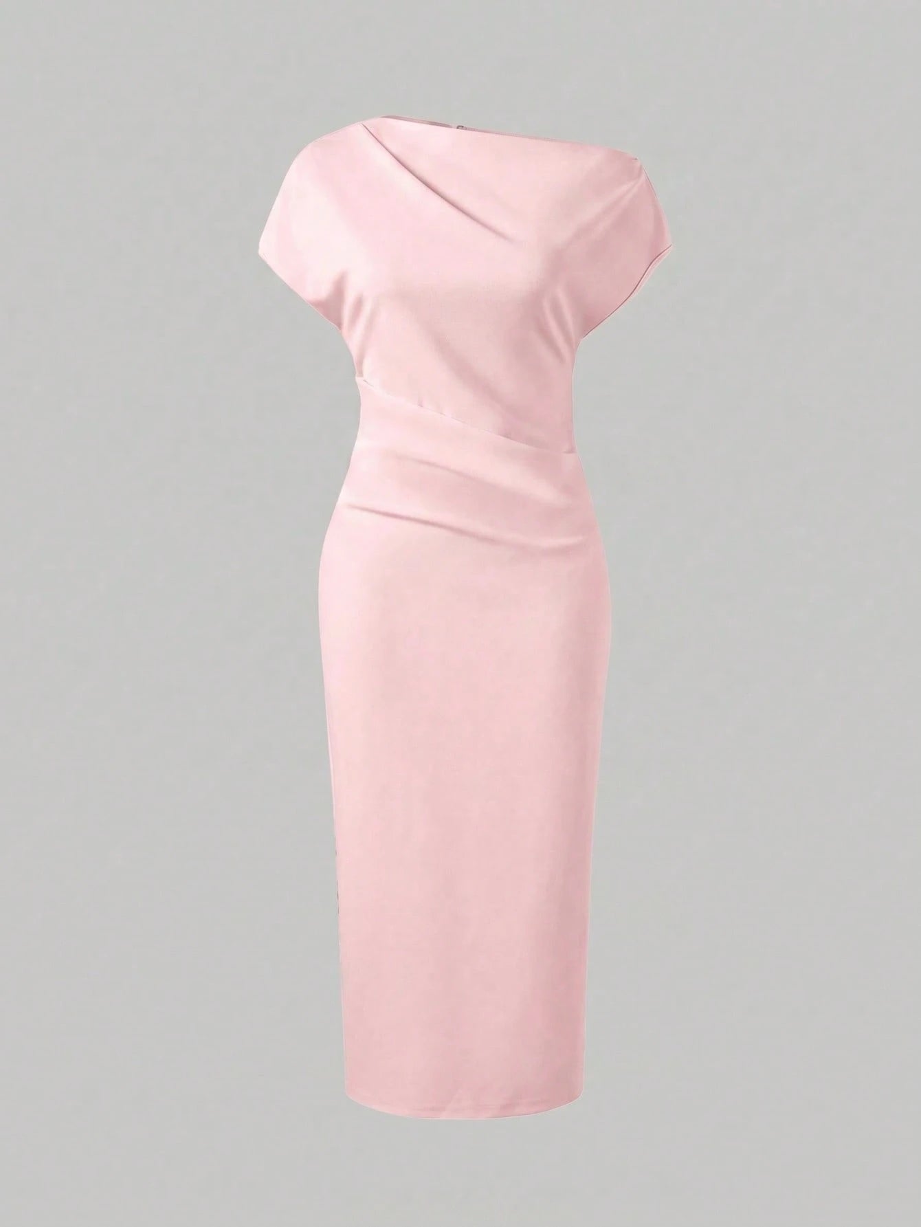Solid Color Casual Knit Fabric Slit Hem Daily Birthday Party Date Minimalist Elegant Asymmetric Neck Dress Pink Summer
